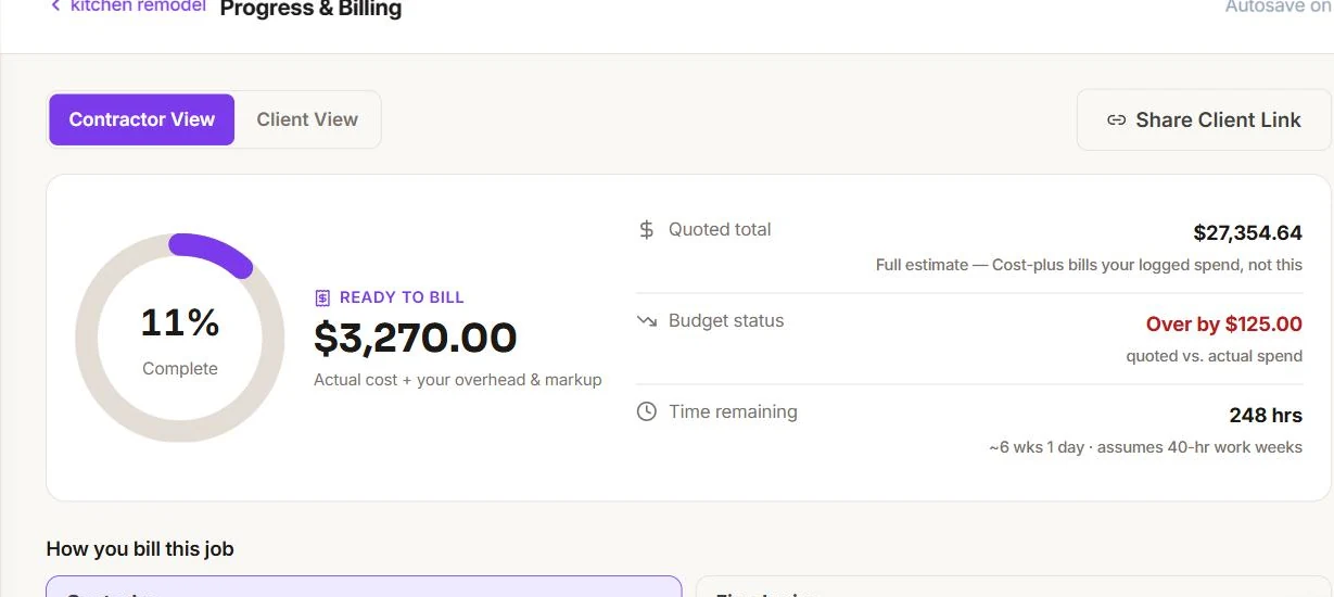 Progress & Billing screenshot showing percent complete, budget status, and a ready-to-bill amount