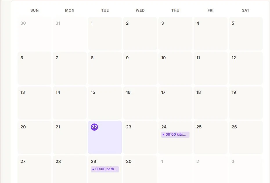 Calendar screenshot showing scheduled jobs on a monthly view