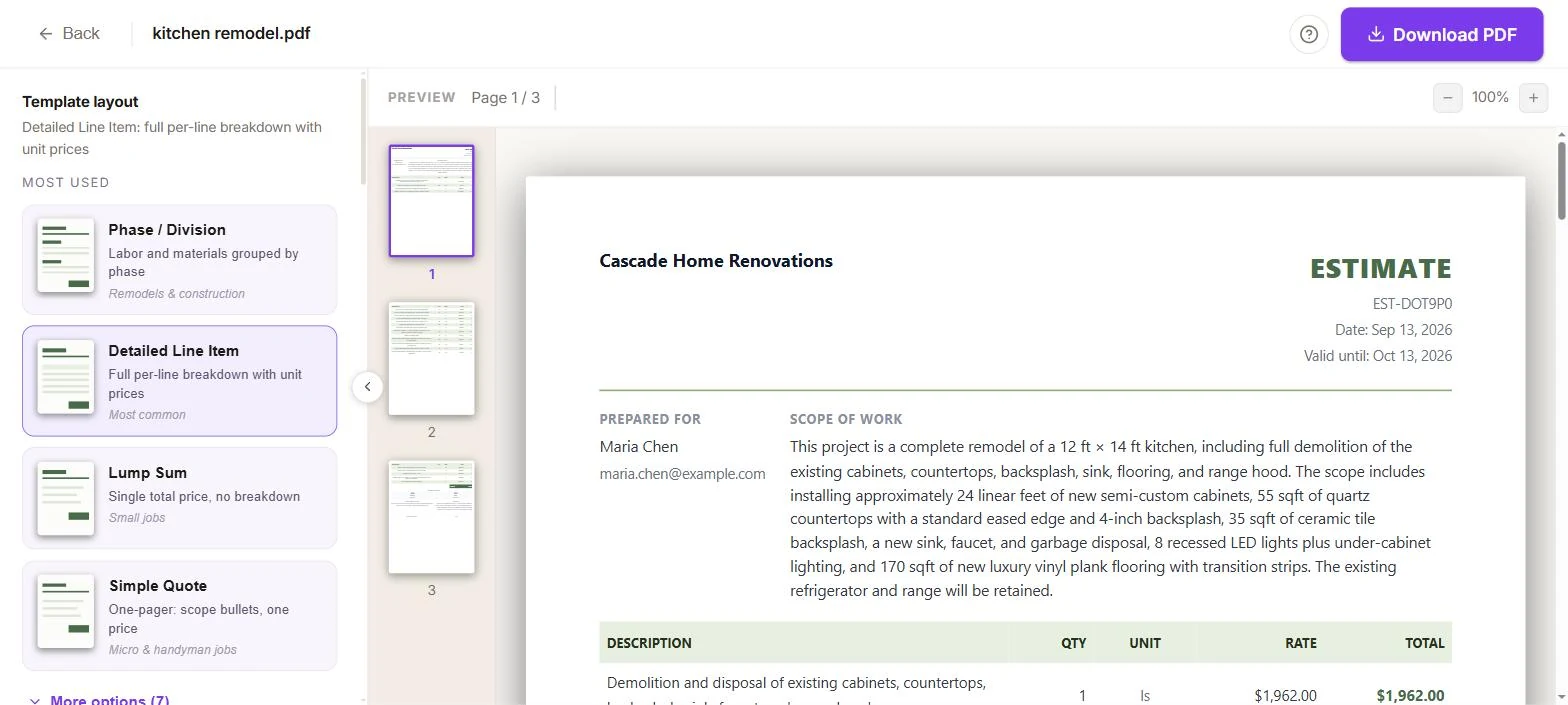 PDF template picker screenshot showing estimate layout options with a live preview